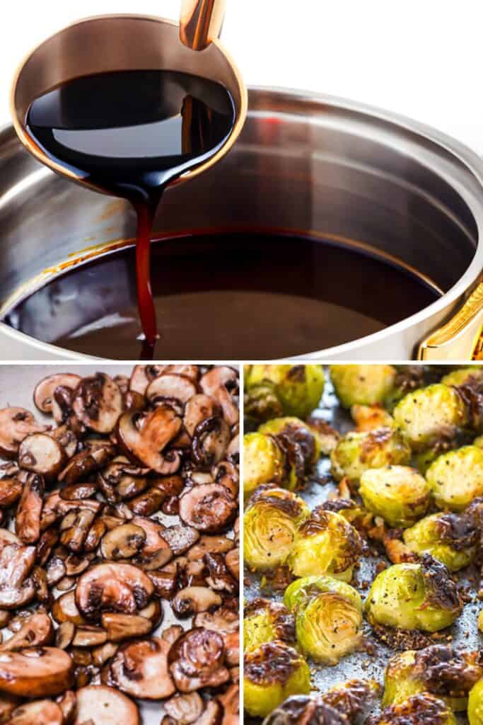 red wine sauce, sautéed mushrooms, and roasted brussels sprouts 