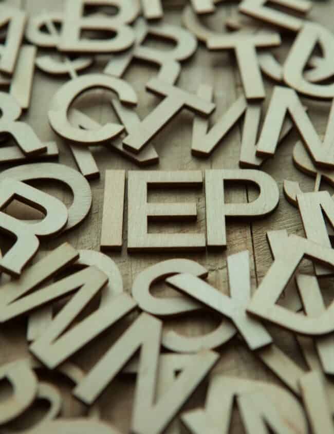 Letters jumbled around the letters IEP