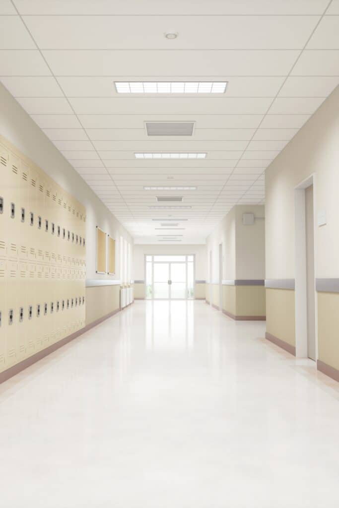 an empty school hallway.