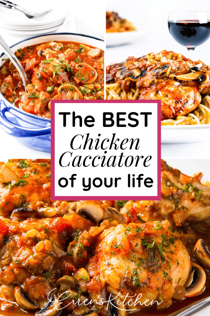 A delicious looking promotional image showing chicken cacciatore reading to serve in a blue pot, chicken cacciatore on top of spaghetti, and and up close photo of the chicken in the dish.