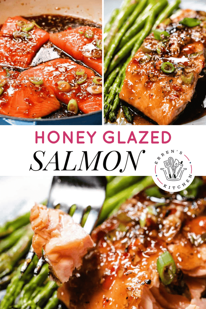 Honey glazed salmon being cooked and a completed dish with honey glazed salmon and asparagus with a fork taking a piece out of the salmon.