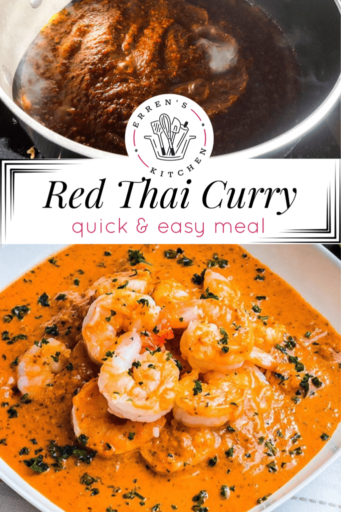 Red thai curry paste cooking and a completed bowl full of the shrimp and red thai curry.