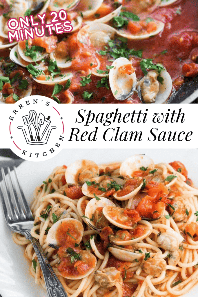 A pot of red clam sauce cooking and a plate of completed spaghetti with red clam sauce.