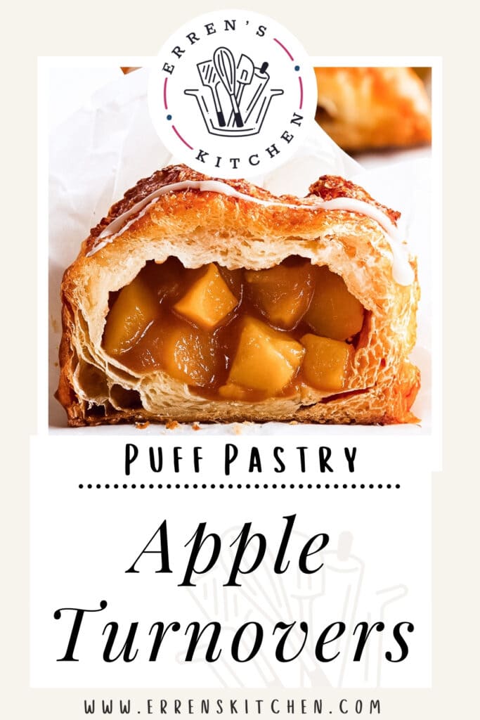 A half-of a puff pastry apple turnover with a golden crust and visible chunks of apple filling, with the logo 'Erren's Kitchen' and the text 'Puff Pastry Apple Turnovers' above, and the website 'www.errenskitchen.com' at the bottom.