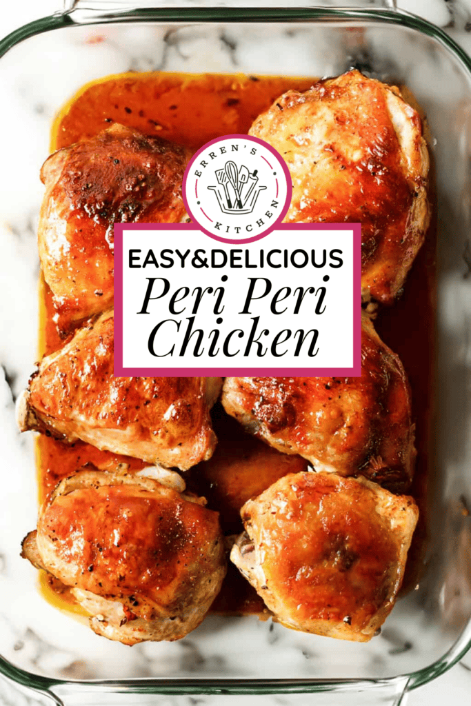 Grilled Chicken thighs in a baking dish with peri peri sauce.