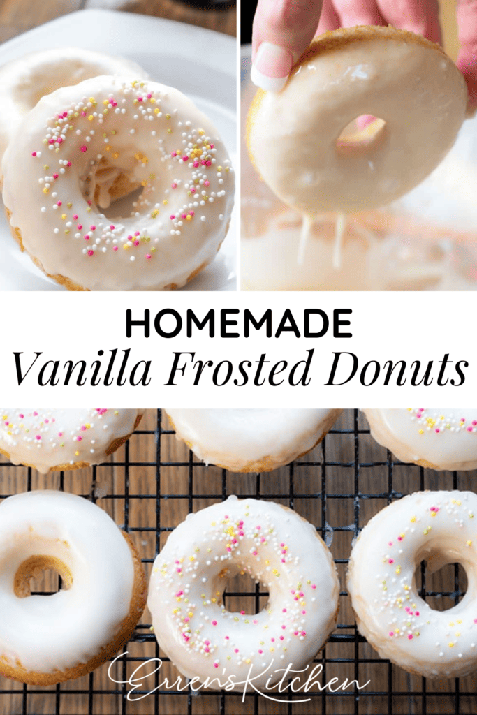 Vanilla donuts with vanilla glazed and pink, yellow, and white sprinkles.