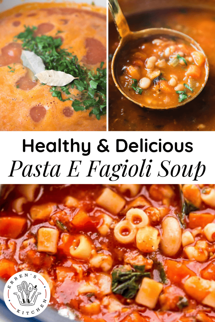 A delicious bowl of pasta e fagioli soup with beans, pasta, carrots, celery, onion, and topped with parsley.