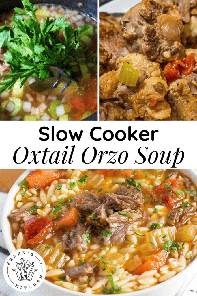 A bowl of delicious oxtail soup with orzo pasta and vegetables.