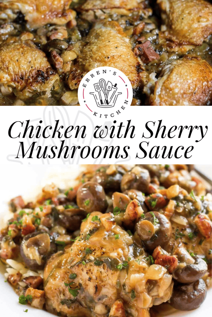 A close up of the chicken and mushrooms cooking with onions, pancetta, cloves, and more. The nexe photo is the finished product of chicken thighs with sherry mushroom sauces plated and ready to eat.