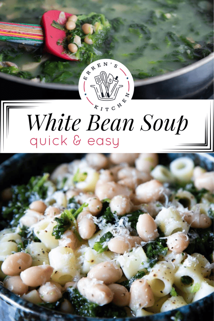 A pot and bowl full of Italian white bean soup with parmesan cheese sprinkled on top.