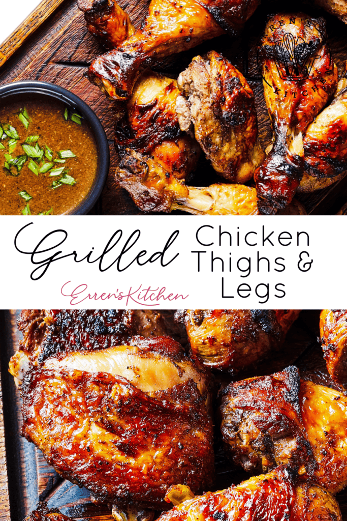 A promotional image showing the deliciously grilled chicken thighs and legs ready to be eaten.