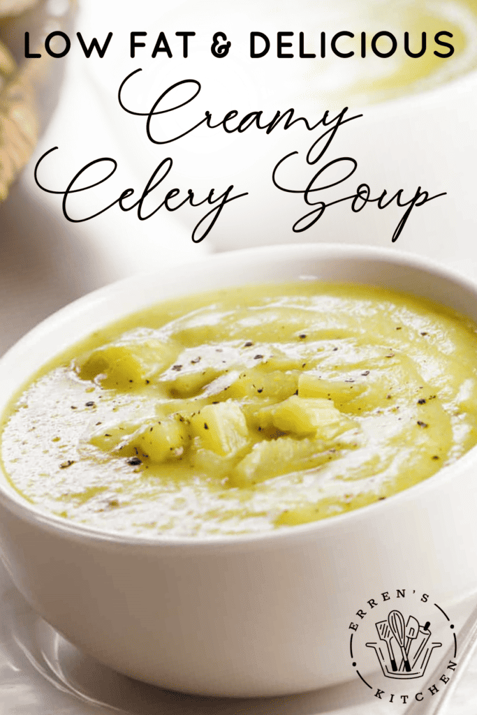 A finished bowl of chunky celery soup, showing the texture of the soup with pieces of celery visible.