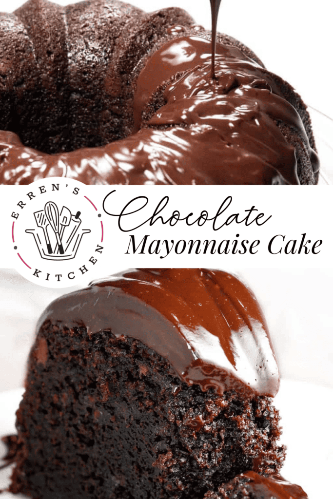A chocolate bundt shaped cake with chocolate glaze being poured on top and slice of the completed cake.