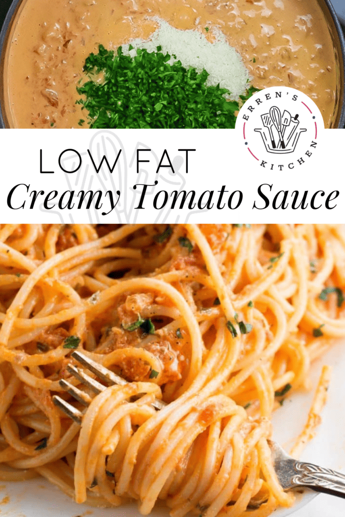 A plate of spaghetti with low fat, creamy tomato sauce topped with fresh parsley.