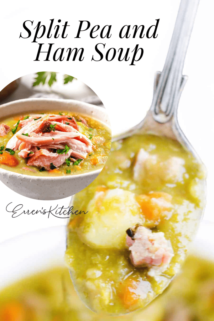 A bowl and spoonful of split pea and ham soup.