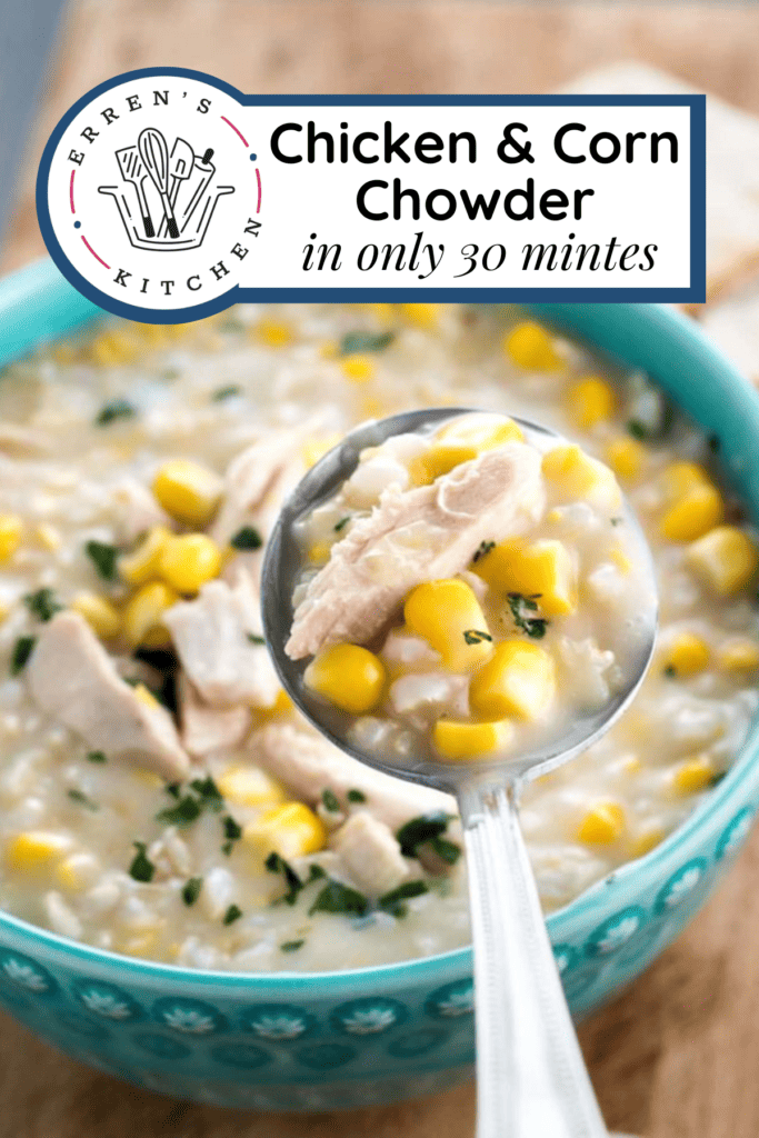 A bowl and spoonful of creamy chicken corn chowder.
