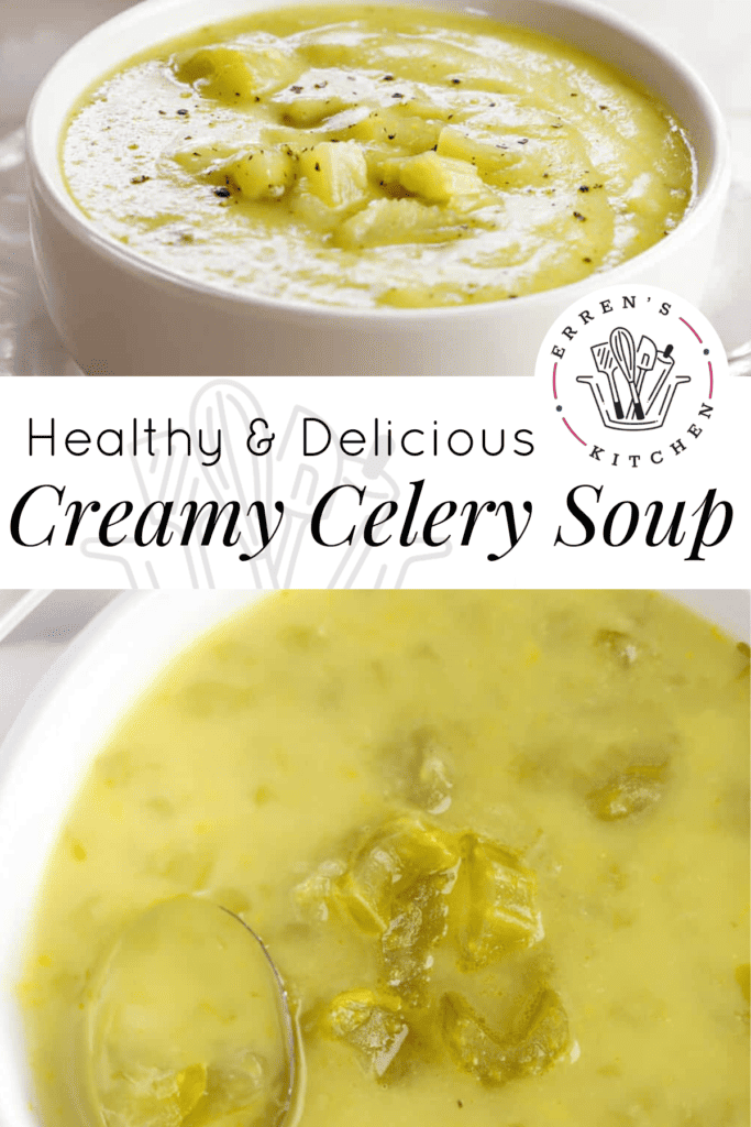 A close-up of a bowl of chunky celery soup with a spoon, showing the texture of the soup with pieces of celery visible, accompanied by a crusty bread roll on the side.