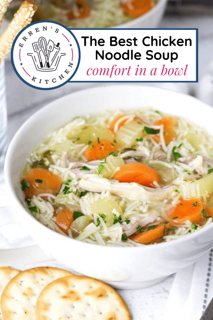 A big bowl of chicken noodle soup with chicken, carrots, celery, and noodles.