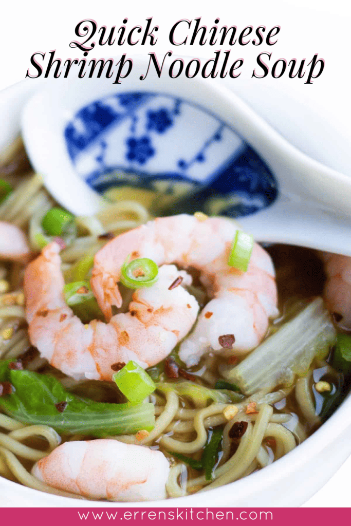 A bowl of chinese noodle soup with shrimp.