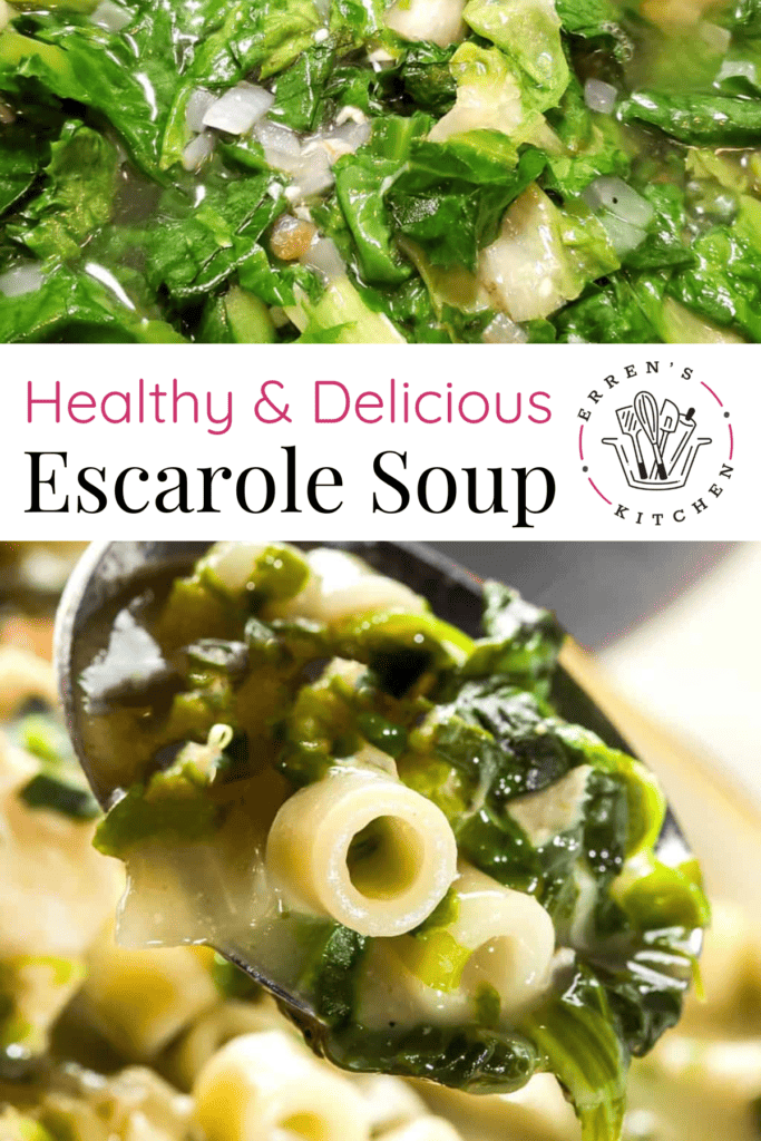 A bowl of escarole soup with pasta.