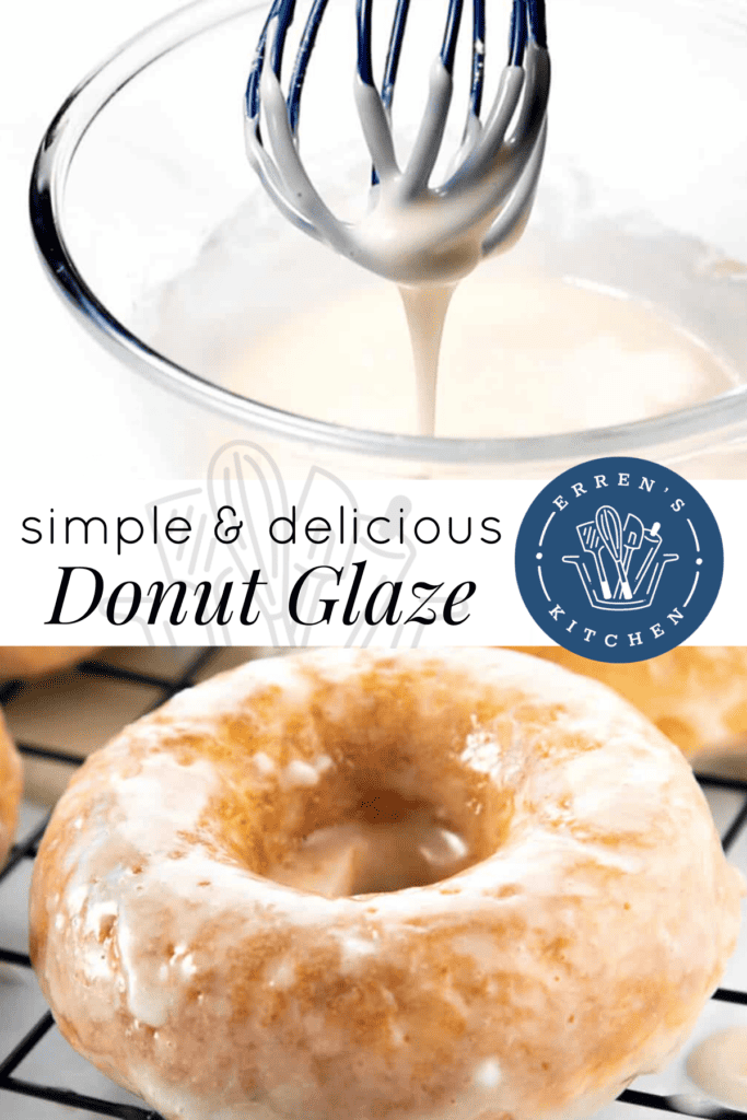 A bowl with a whisk filled with white donut glaze and a baked donut dipped in the glaze.