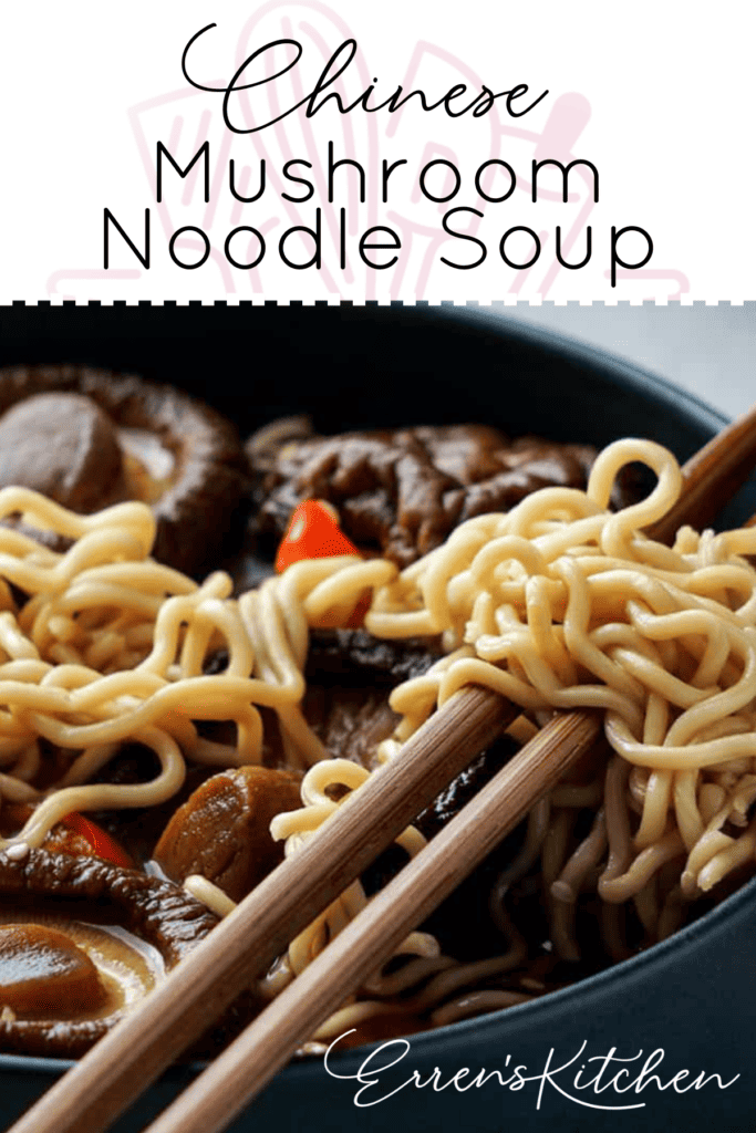 A bowl full of chinese mushroom noodle soup.
