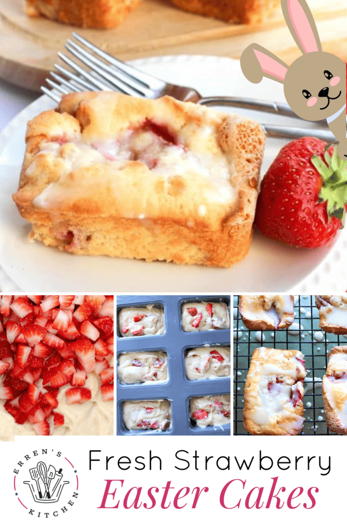 A mini strawberry cake with cream cheese icing on top placed on a small plate with a fresh strawberry and fork next to it.