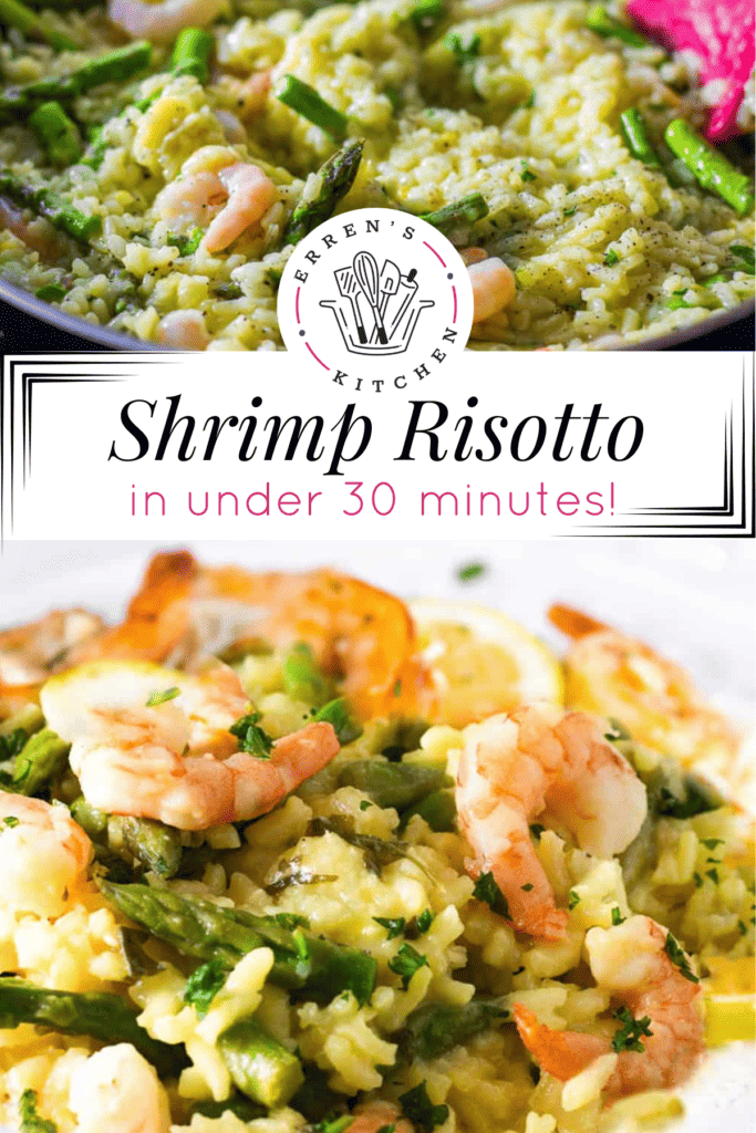 A promotional image showing a big bowl of shrimp risotto and shrimp risotto being made in its pan.