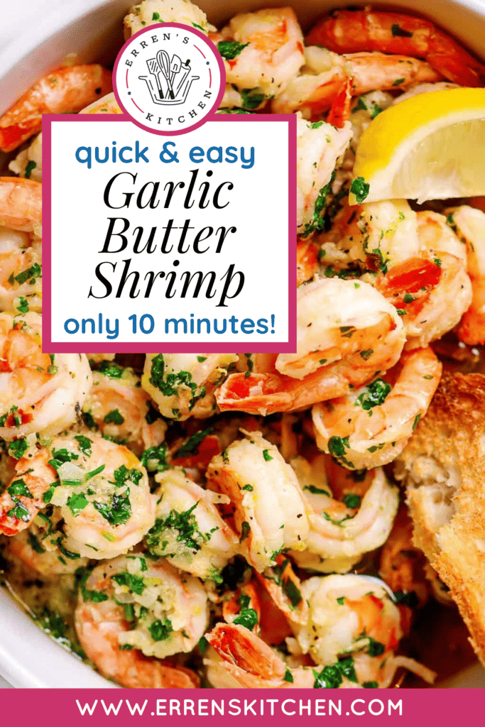 Cooked shrimp in a buttery garlic sauce and sprinkled with fresh parsley.