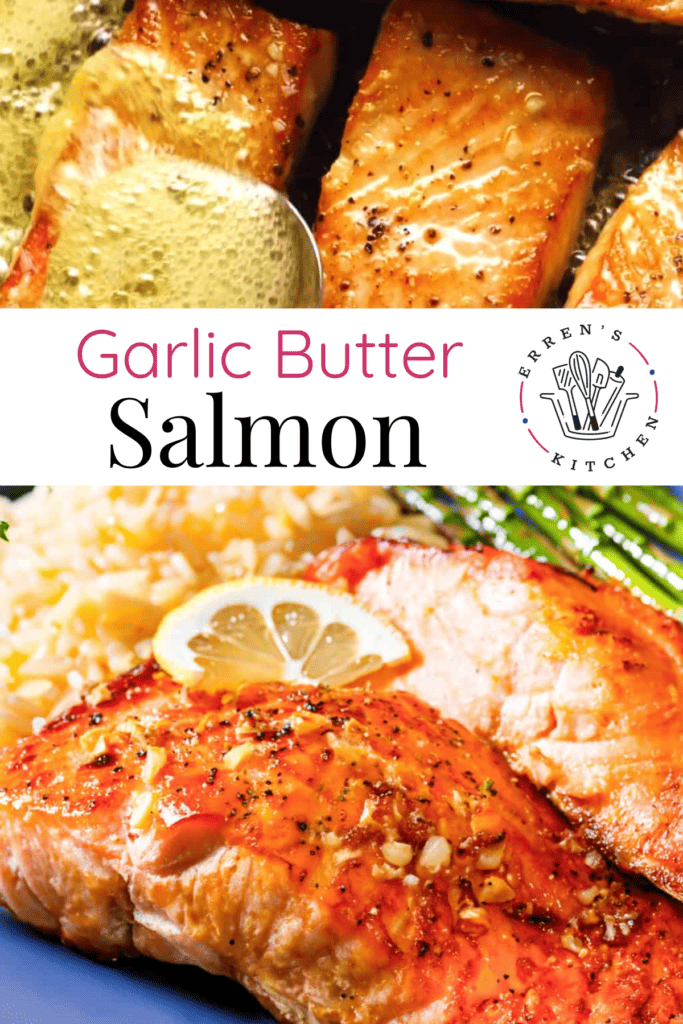 Deliciously seared salmon filets in a garlic butter, honey sauce served with rice pilaf and roasted asparagus.