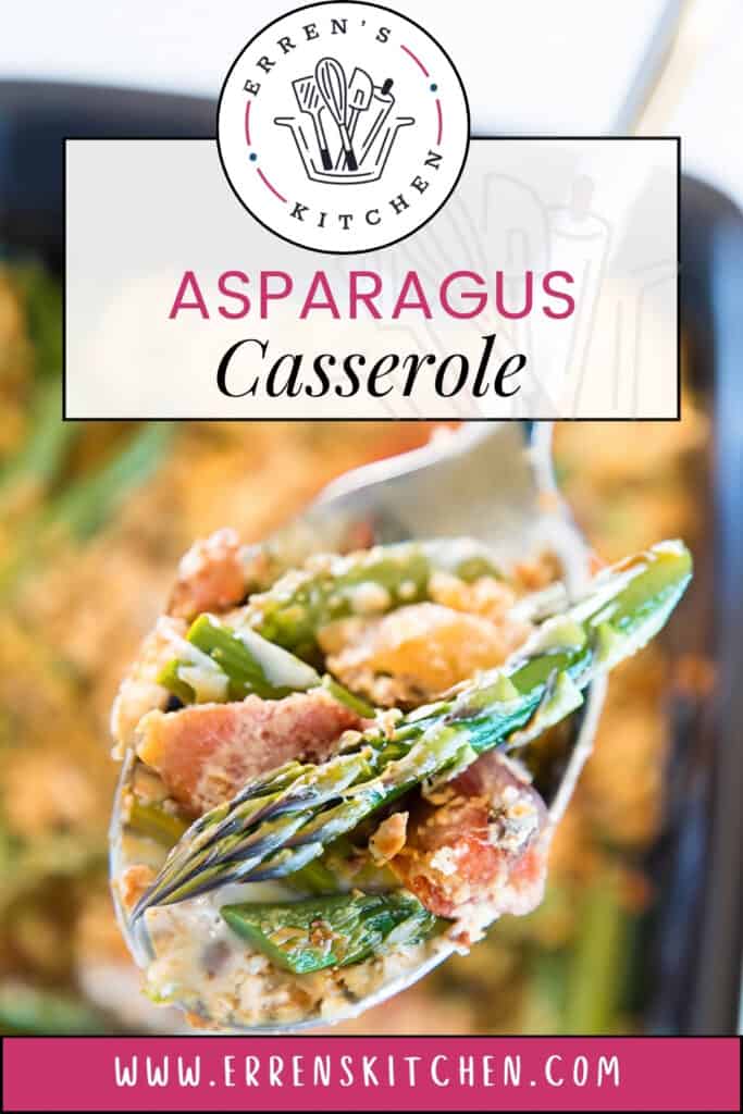 An appetizing spoonful of asparagus casserole is prominently featured in this Erren's Kitchen advertisement, with the logo at the top and the website 'www.errenskitchen.com' displayed on a pink banner at the bottom.