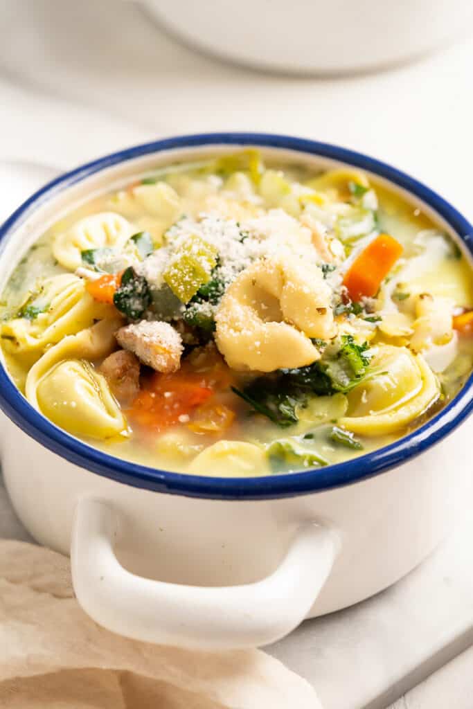 A bowl of Chicken Tortellini Soup with vegetables, chicken, and a sprinkle of Parmesan in a white and blue bowl.