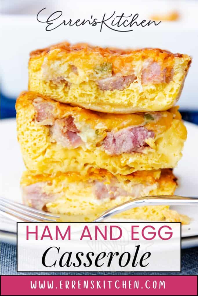 A promotional image featuring stacked slices of ham and egg casserole, with the text "Erren's Kitchen, Ham and Egg Casserole" and the website "www.errenskitchen.com" overlaid on the image.