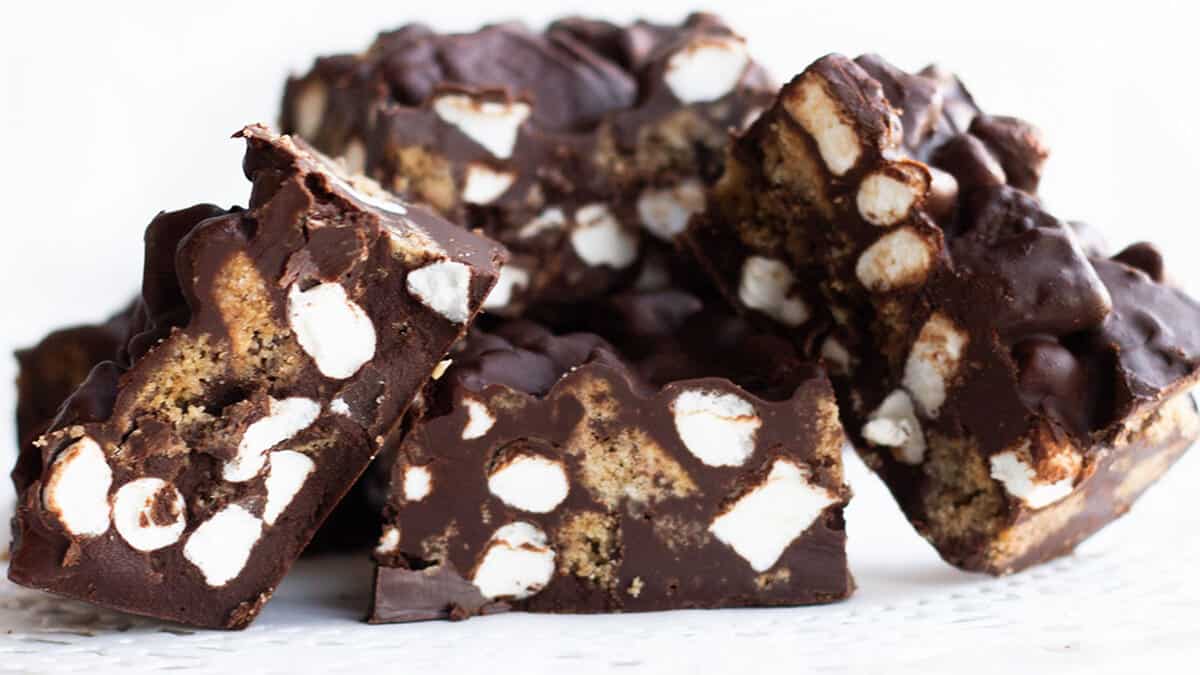 rocky road bars piled onto a dessert dish