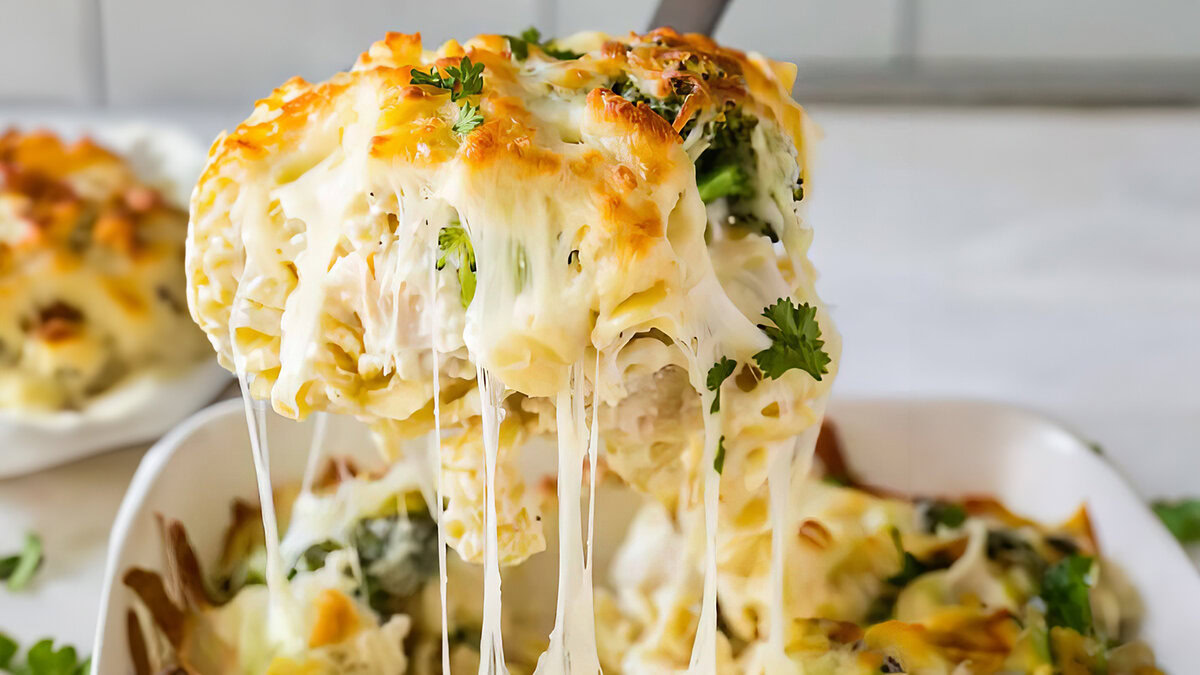 A close up image of a serving of Chicken Broccoli Alfredo Recipe being lifted from a dish,