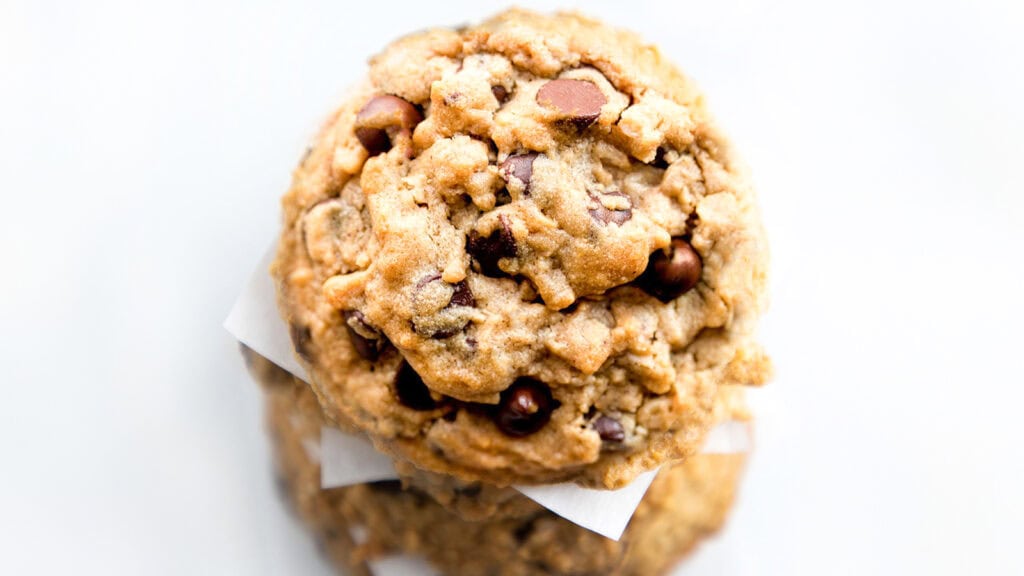An overhead shot of chocolate chip oatmeal cookies.