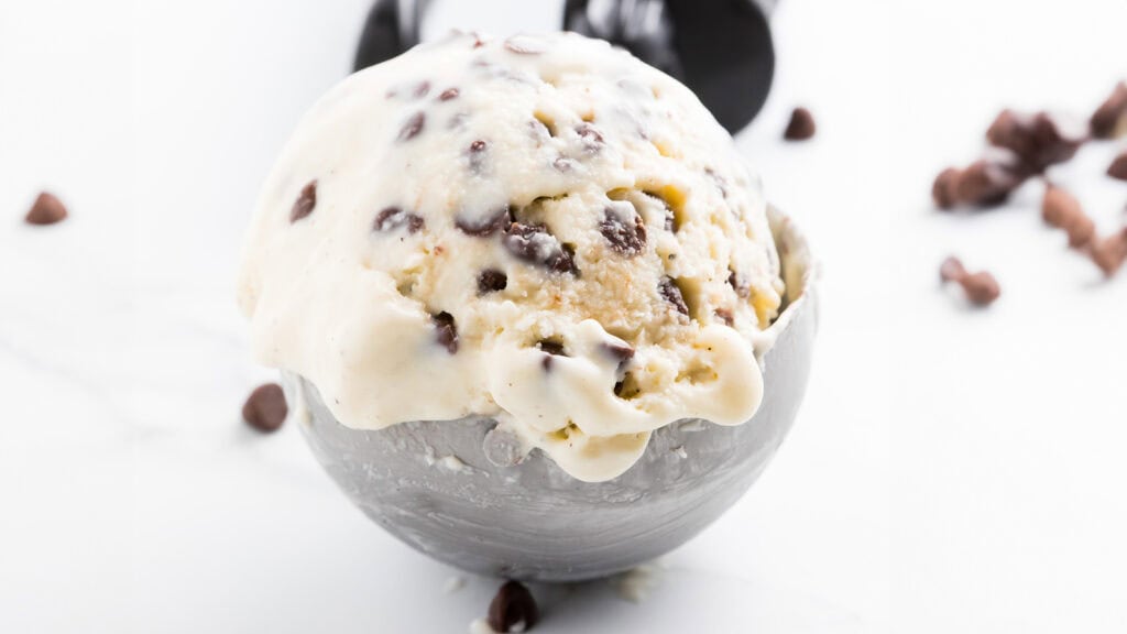 A scoop of chocolate chip ice cream.