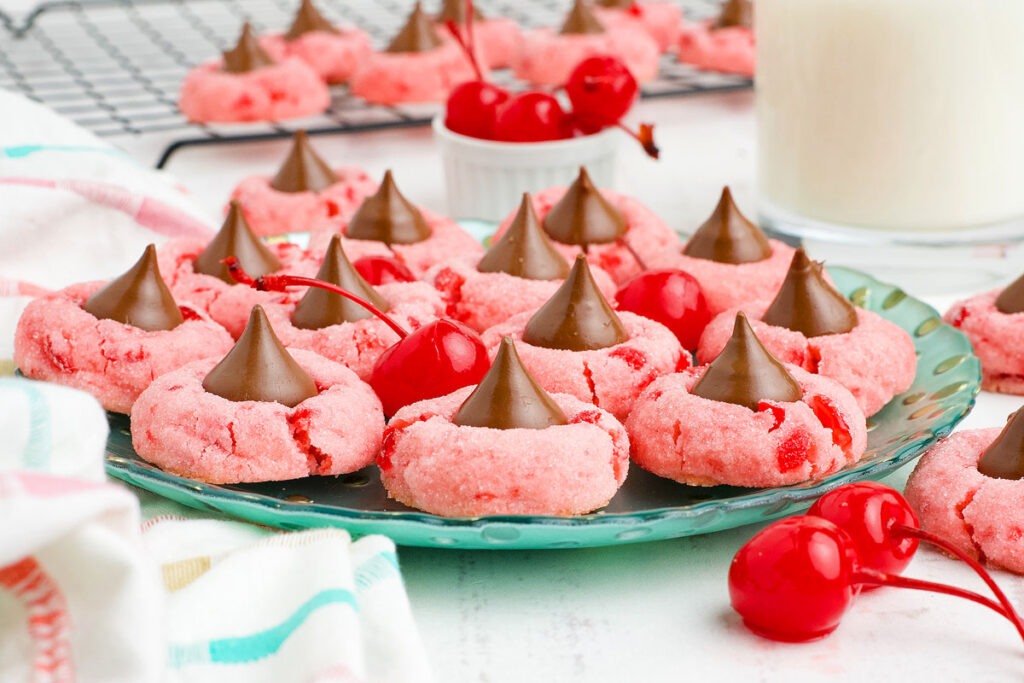 A platter with Chocolate Cherry Blossom Cookies.
