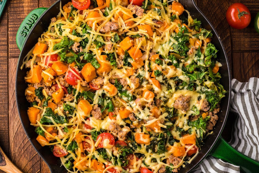 A close up image of Ground Turkey Sweet Potato Kale in a Skillet.