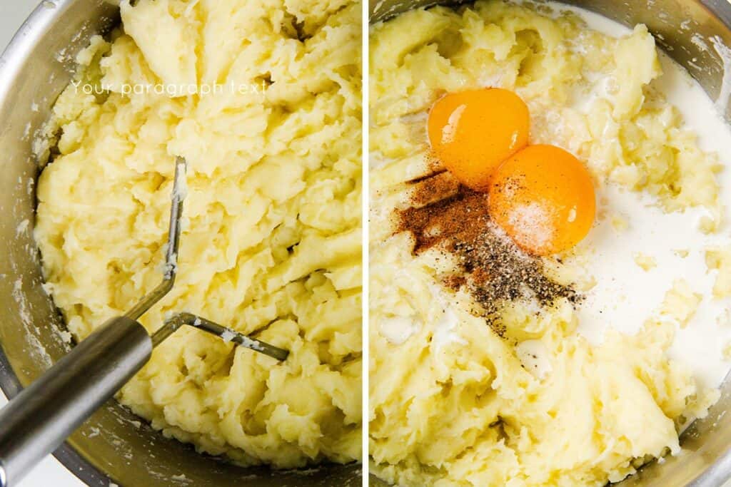 A metal mixing bowl with mashed potatoes on the left features a masher. On the right, these Duchess Potatoes are topped with two egg yolks, milk, and seasoning, ready to be mixed—a classic touch of French Cuisine.