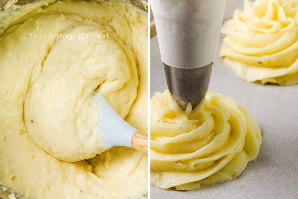 A bowl of mashed potatoes is being stirred with a spatula on the left. On the right, a piping bag elegantly squeezes Duchess Potatoes into decorative swirls on parchment paper.