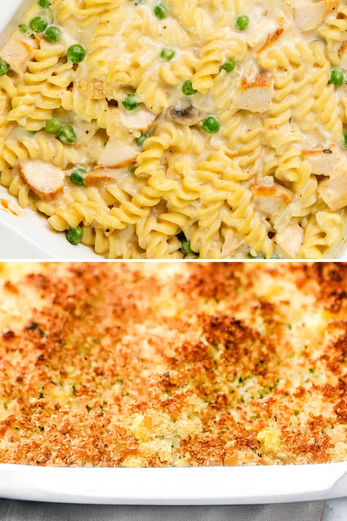 A delicious baked casserole dish featuring a creamy pasta, leftover turkey, and peas mixture, crowned with a golden-brown crumb topping.