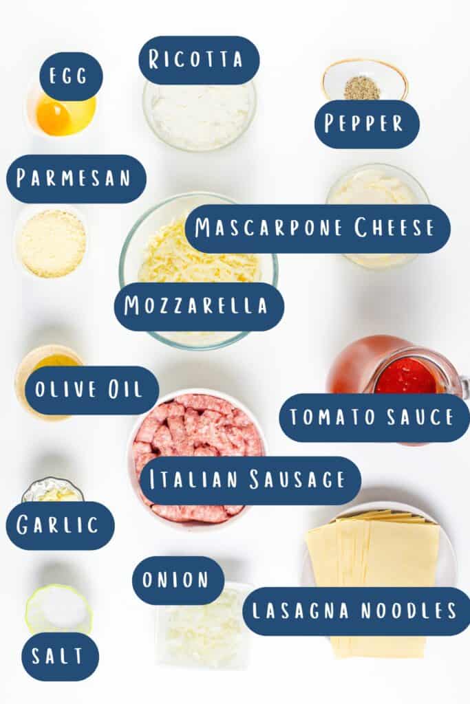 A top-down view of classic Italian lasagna ingredients labeled: egg, ricotta, parmesan, pepper, mascarpone cheese, mozzarella, olive oil, rich tomato sauce, flavorful Italian sausage, garlic, onion, salt, and lasagna noodles.