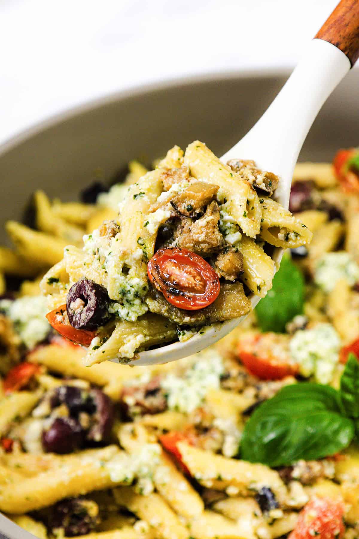 Eggplant Pasta with Ricotta Pesto and Olives