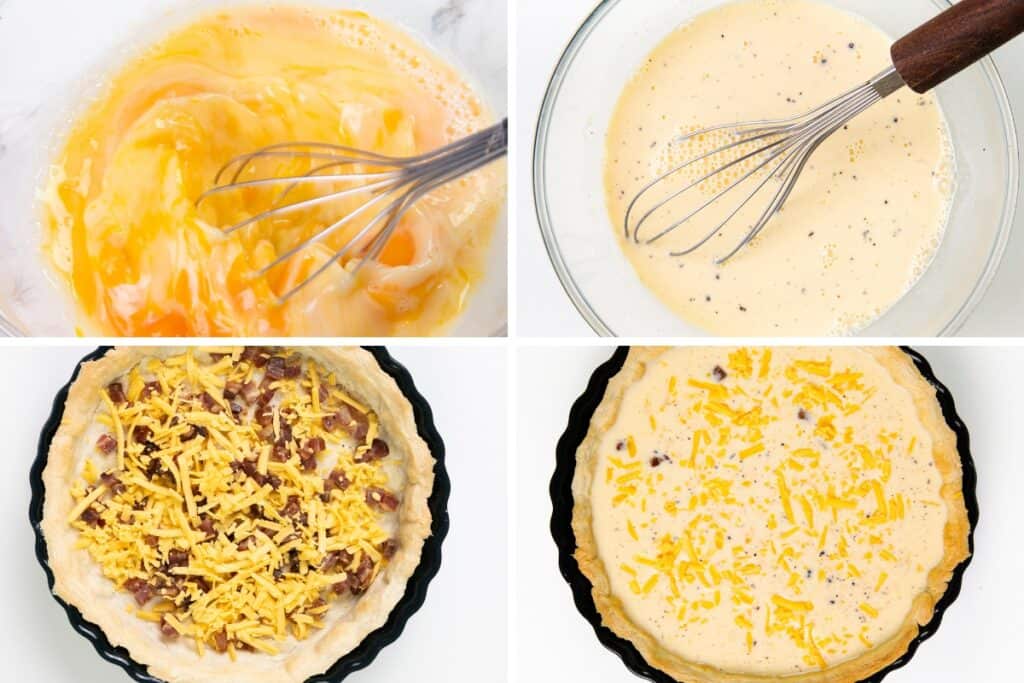 Four panels show steps to make a cheese quiche: whisking eggs, a bowl of mixed eggs and cream, an unbaked buttery crust with cheese and bacon, and the filled pie crust with the egg mixture poured over.