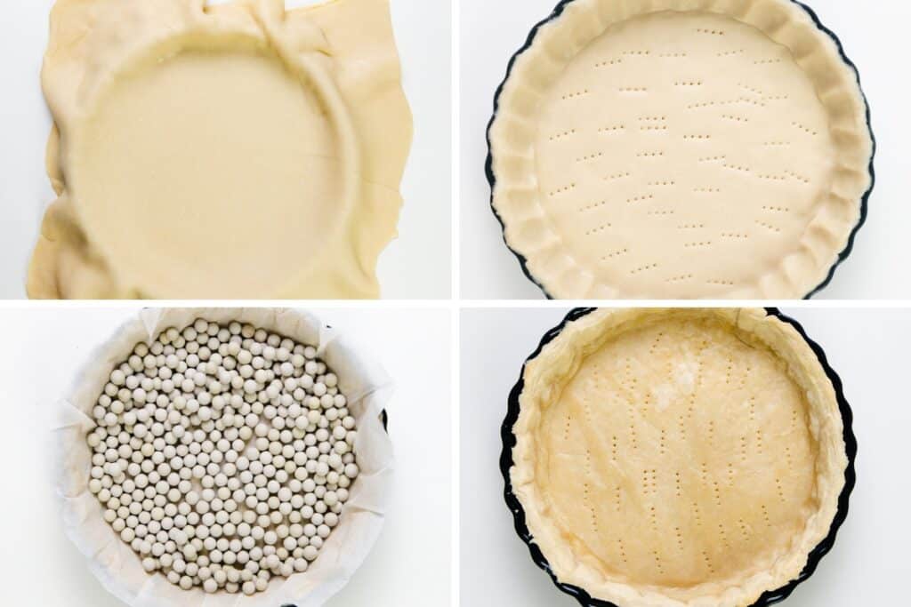 A four-panel image shows stages of blind baking a pie crust: untrimmed dough in a pan, docked dough with fork marks, parchment-lined dough with baking beads, and the finished buttery crust—perfect for bacon quiche or cheese quiche.