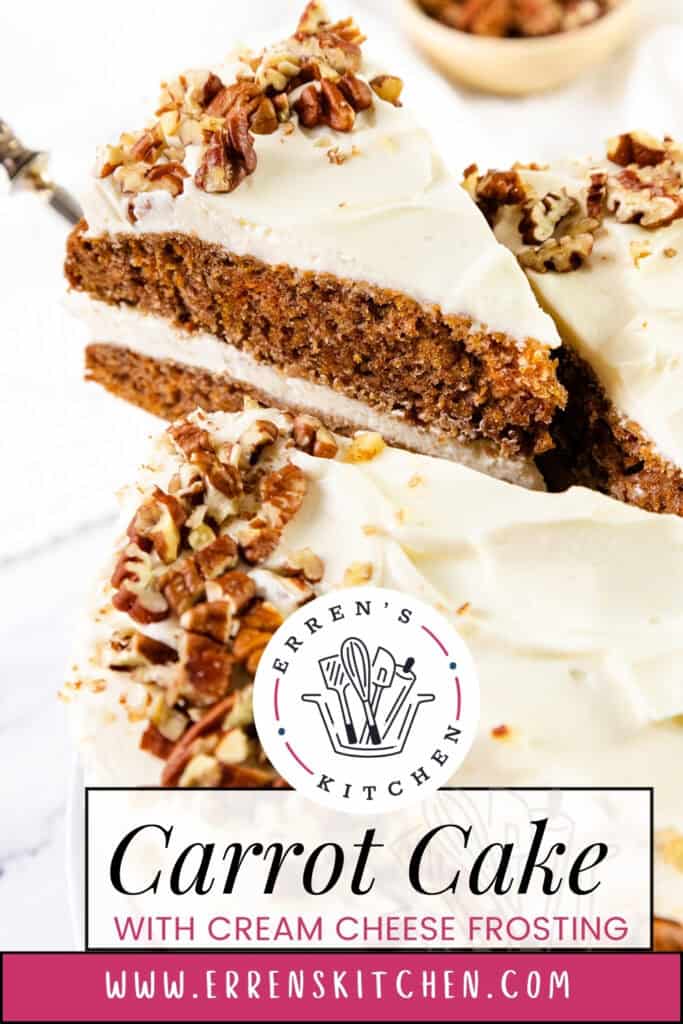 A slice of delectable carrot cake with cream cheese frosting is being served. Topped with crunchy nuts and placed elegantly on a white plate, this masterpiece invites you to visit "errenskitchen.com" for the full cake recipe. Text at the bottom reads "Carrot Cake with Cream Cheese Frosting.