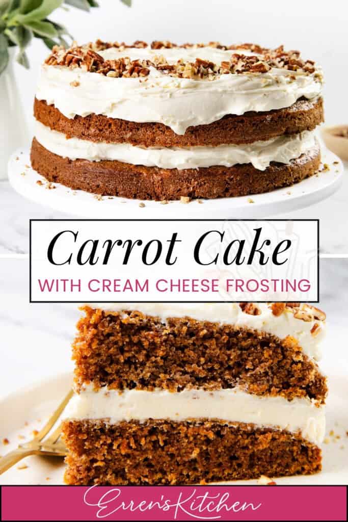 Two delightful images showcase a luscious carrot cake. The top features the whole cake adorned with pecans, while the bottom reveals a sliced piece on a plate with a fork. A text overlay proudly announces, “Carrot Cake with Cream Cheese Frosting.”.