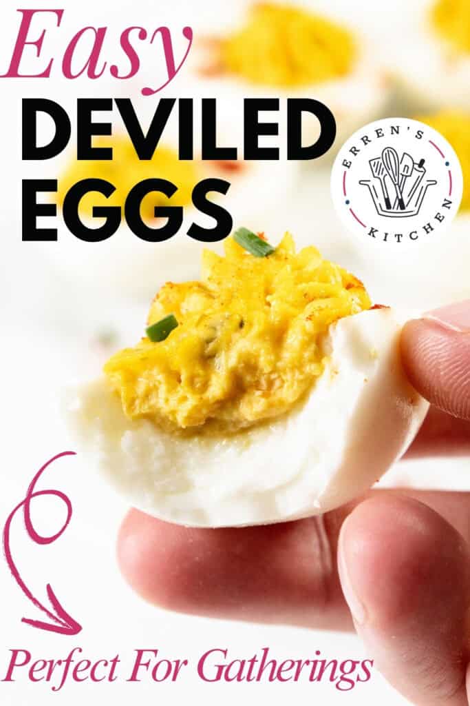 A close-up shows a hand holding a deviled egg adorned with fresh herbs. The text reads "Easy Deviled Eggs" and "Perfect For Gatherings," proudly featuring the Erren's Kitchen logo.