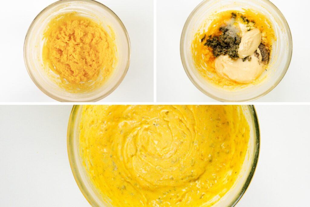 Three images depict the process of mixing ingredients in a bowl, to make Southern deviled eggs recipe. The top left shows mashed egg yolks, the top right adds seasonings and a creamy touch, and the bottom reveals a smooth, blended yellow-orange mixture.